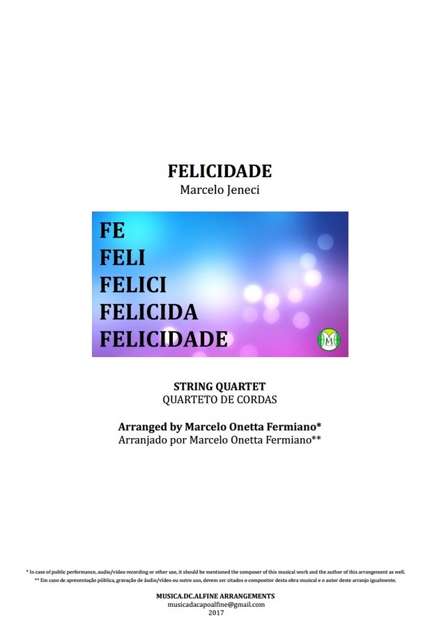 Felicidade - Marcelo Jeneci - Quarteto De Cordas - Partitura Completa - Grade e Partes