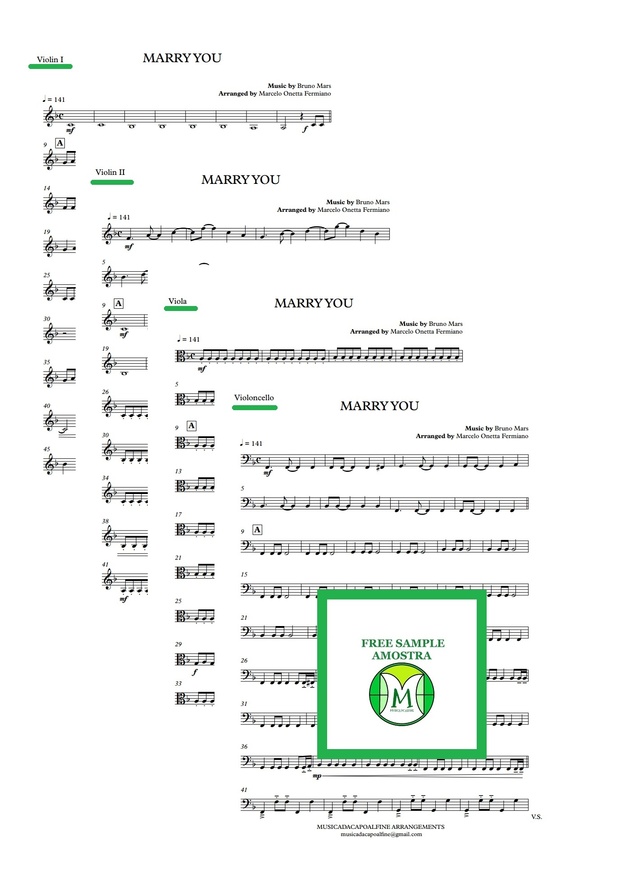 Marry you - Bruno Mars / Sheet Music for String Quartet / Download