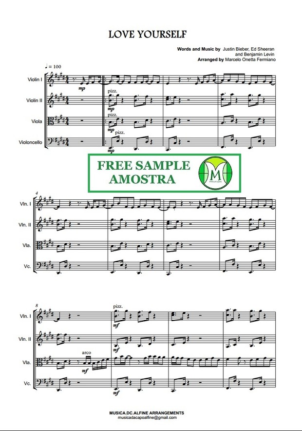 Love Yourself - Justin Bieber - String Quartet - Score and parts