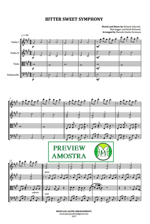 Bitter Sweet Symphony - The Verve - String Quartet - Score and Parts