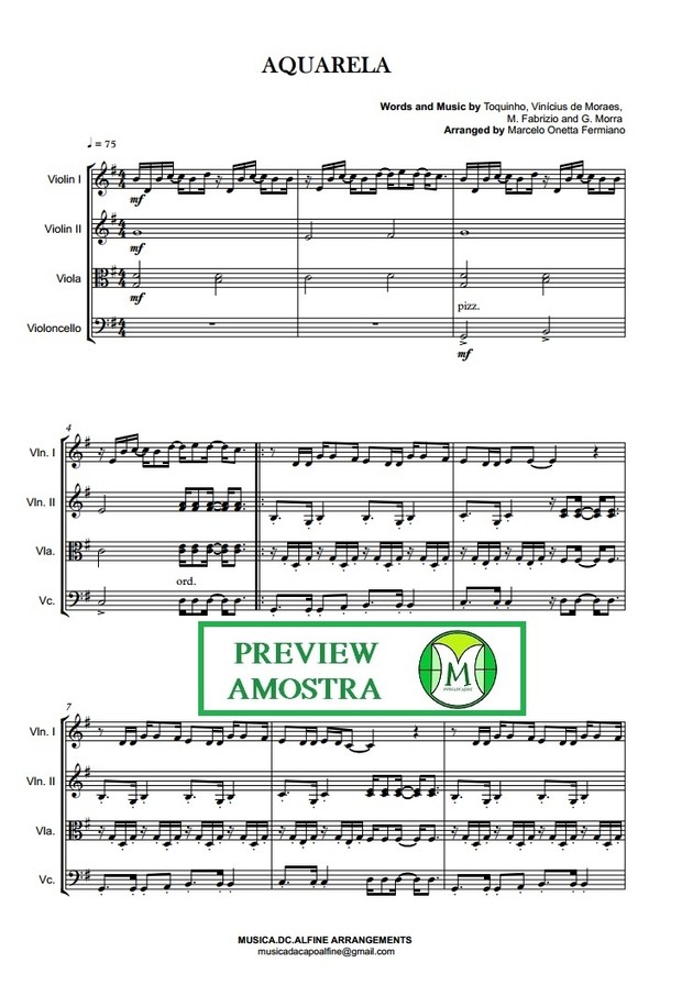 Aquarela - Toquinho - Quarteto de Cordas - Partitura Completa