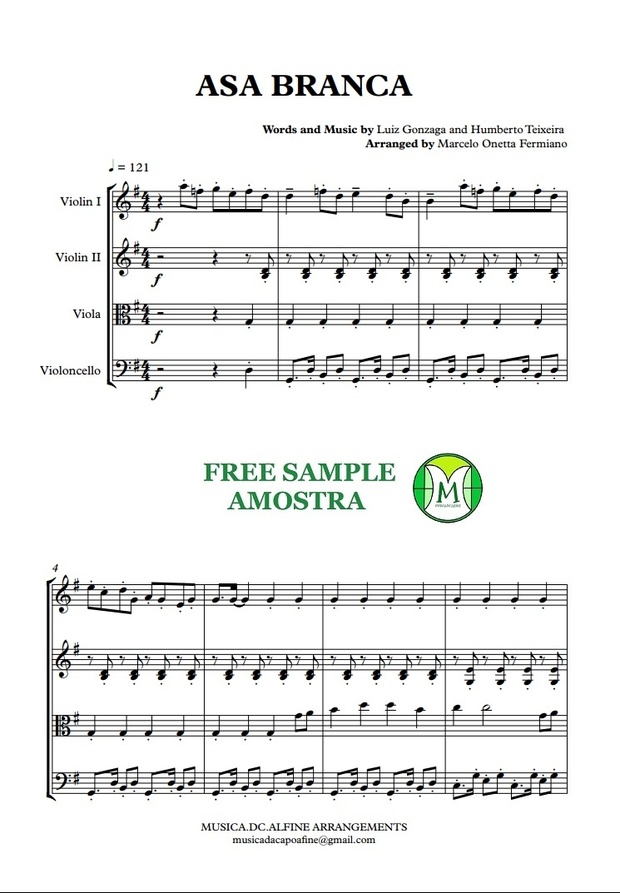 Asa Branca - L Gonzaga - Quarteto de Cordas - Partitura com Grade e Partes
