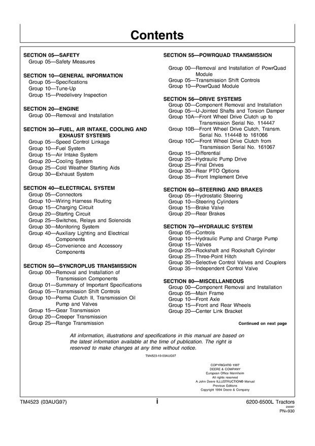 TM4523 JOHN DEERE 6200 6200L 6300 6300L 6400 6400L 6500 6500L TRACTOR TECHNICAL MANUAL PDF