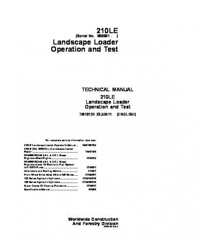 John Deere 210LE Landscape Loader Operation and Test Technical Manual TM10134