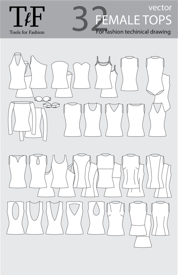 Female Vector Tops for Fashion Technical Drawing