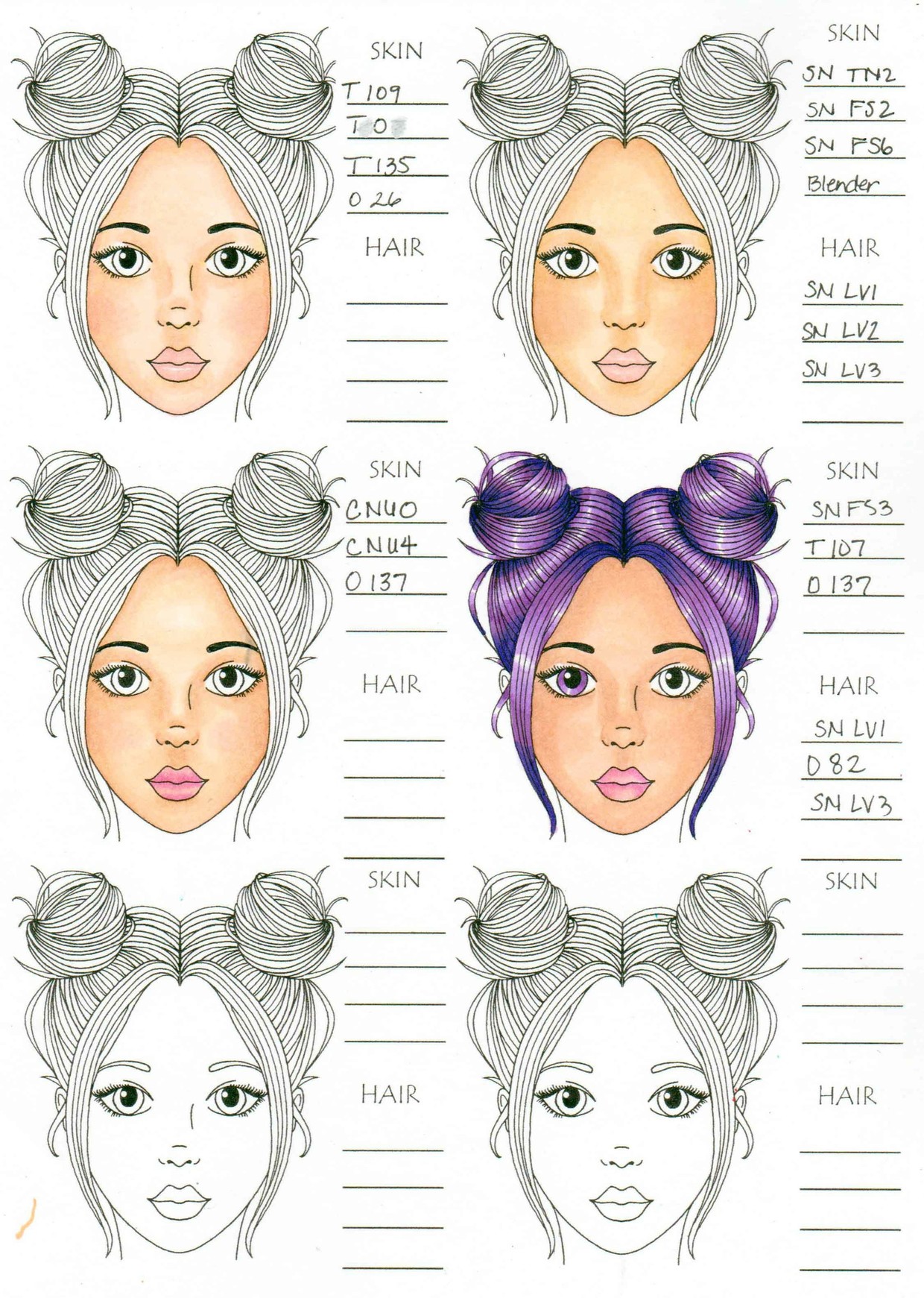 BLANK Hair and Skin Color Charts and Practice Page PDF - Tabby's