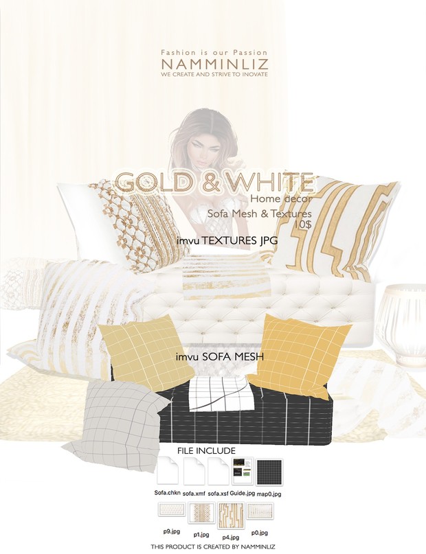 Gold & White imvu Sofa mesh & texture JPG, XSF, XMF, CHKN files