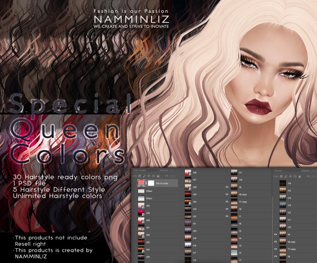 Special Queen Colors PSD •30 Hairstyle Textures •5 Hairstyle Style