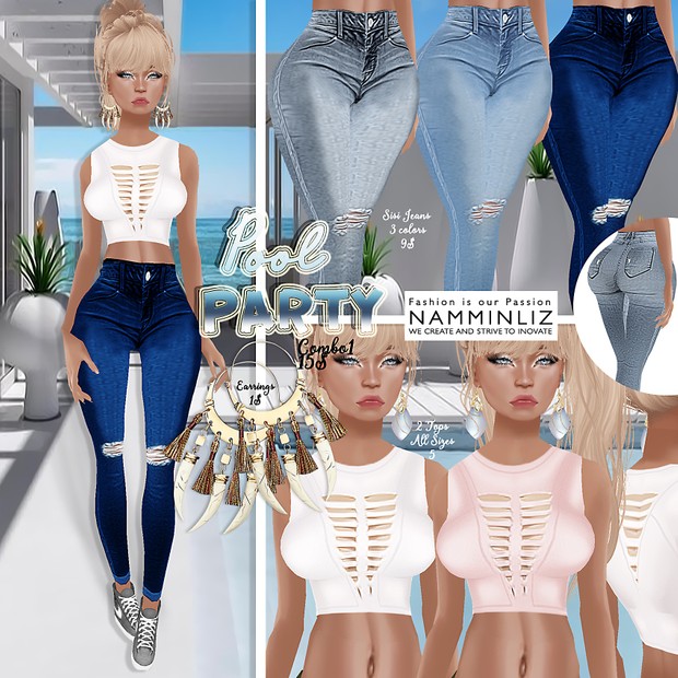 PoolParty combo1 ( 2Tops Bibirasta + 3Jeans Sisi3D &Bibirasta + Earrings)