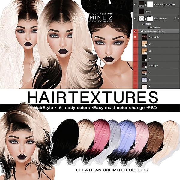 PSD Hairstyle Textures •Unlimited Colors •4HairstyleStyle Texture.