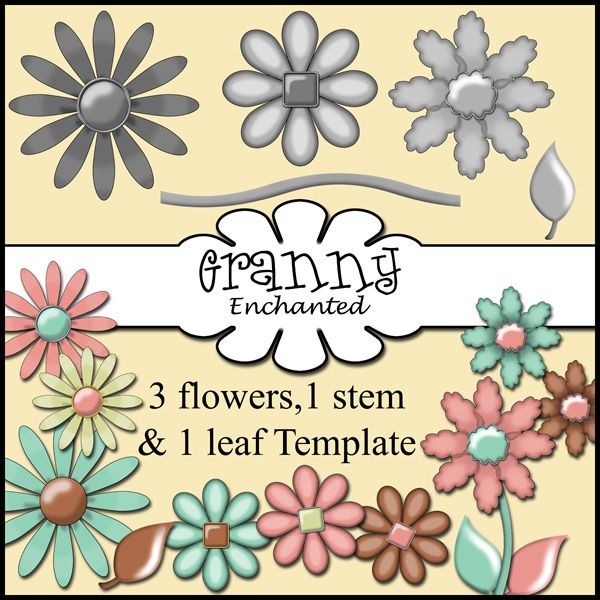 3 Flower Templates with Leaf and Stem CU/PU/ S4H