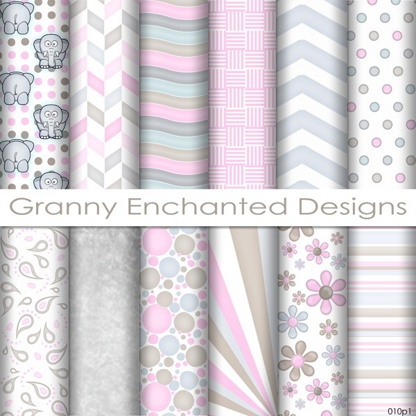 Ellie Paper Pack: 12 Digital Papers– in Gray, Pink, and Brown Scrapbook Patterns (010p1)