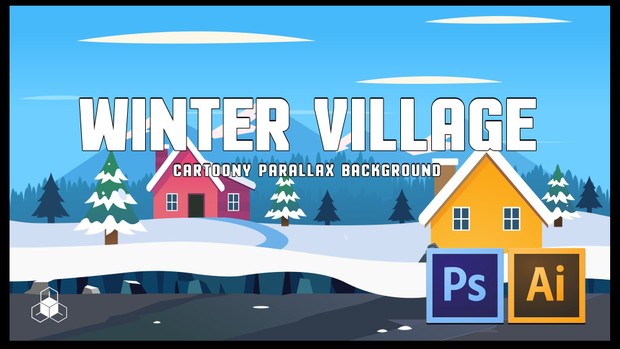 WINTER SNOW MOUNTAIN VILLAGE - 2D Cartoony Parallax Game Background
