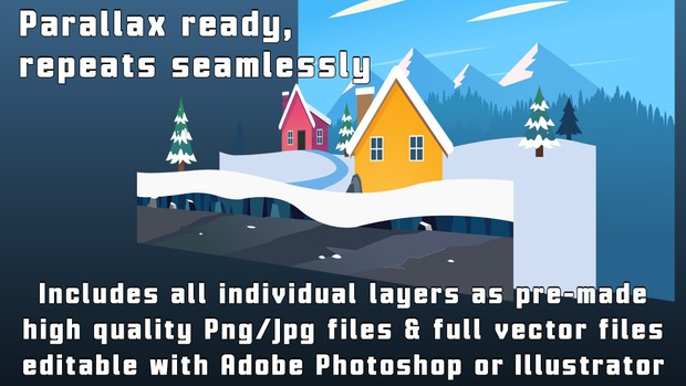 WINTER SNOW MOUNTAIN VILLAGE - 2D Cartoony Parallax Game Background