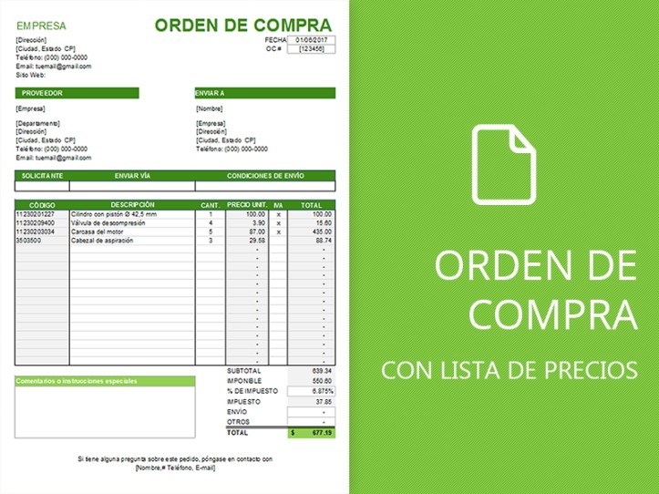 Plantilla de orden de compra con lista de precios Obed Alvarado