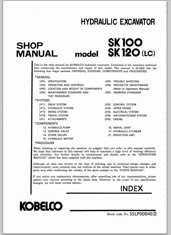 kobelco hydraulic excavator model SK100,SK120(LC) shop manual